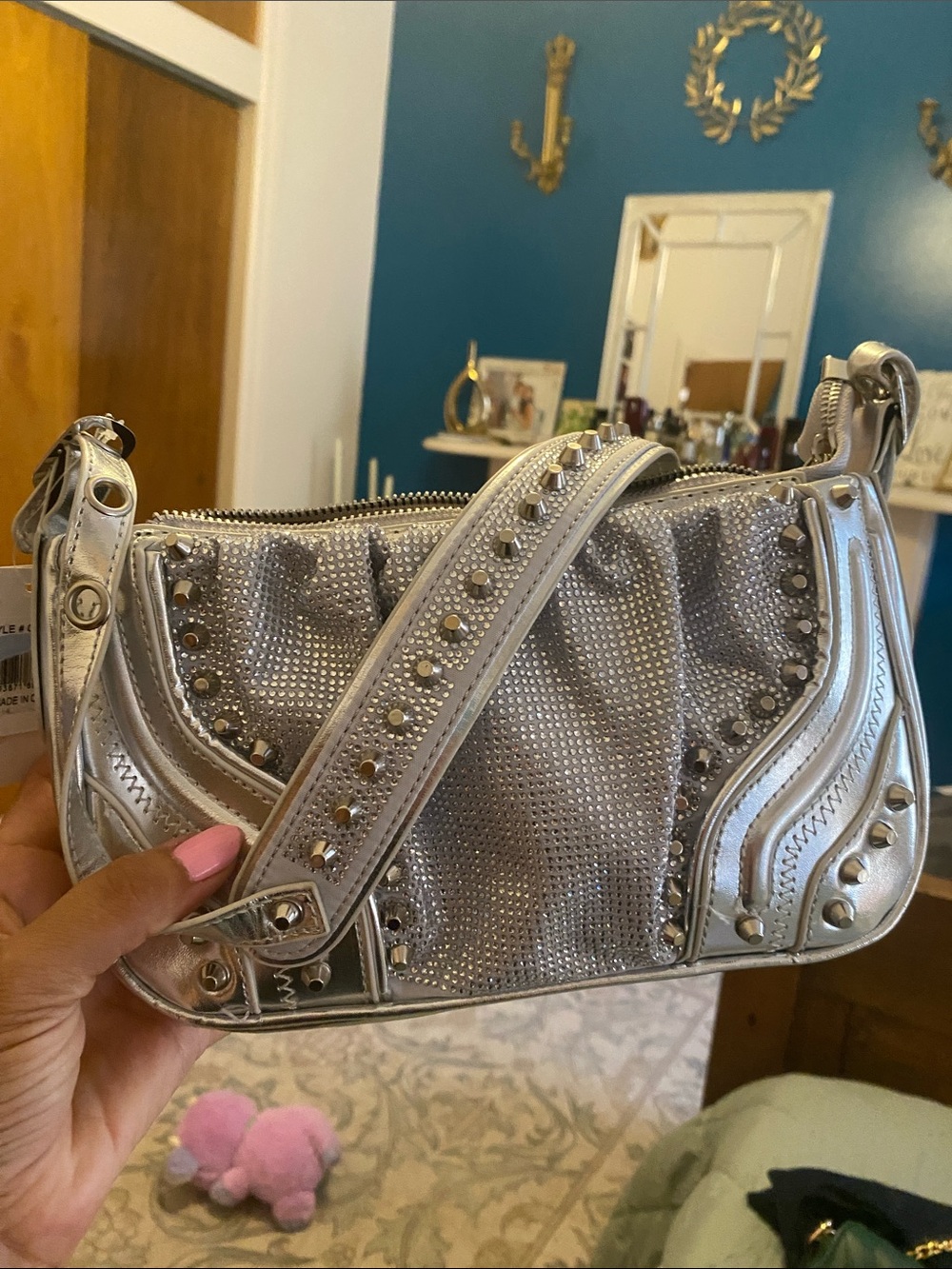 Olivia Miller Metallic Silver Studded Shoulder Bag